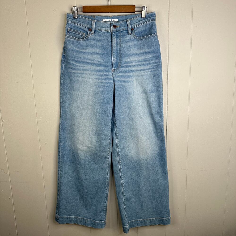 Lands End Womens 10 Denim Wide Leg Jeans Light Wash Whiskered Coastal Chic